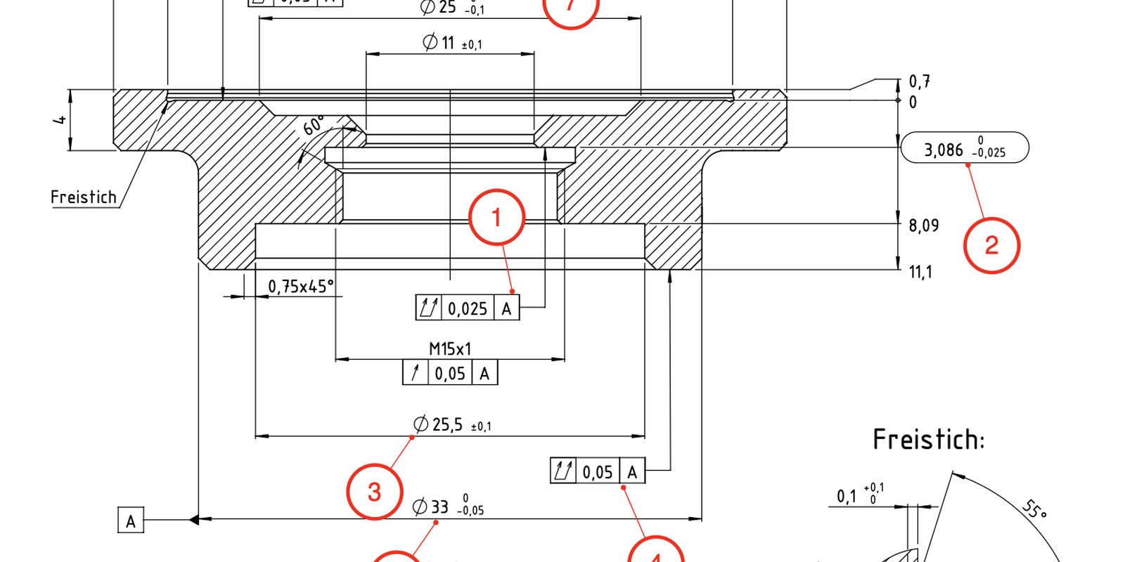 Technische Zeichnung mit Bemaßung und Toleranzen — Querschnitt eines Drehteils mit M15x1 Gewinde, Ø25,5 ±0,1 und nummerierten Toleranz-Merkmalen für die Erstbemusterung