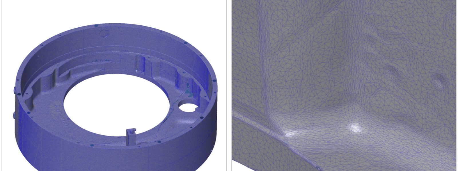Hochauflösender 3D-Flächenscan eines komplexen Bauteils — links das vollständige Polygon-Mesh, rechts Detailansicht der Triangulation