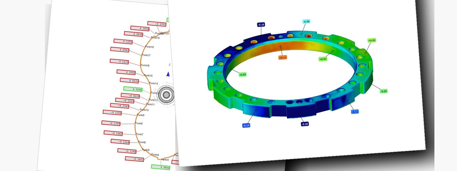 Soll-Ist-Vergleich gegen CAD-Modell — punktweise Maßabweichungen mit Toleranzbewertung und 3D-Falschfarben-Heatmap des vermessenen Lagerrings
