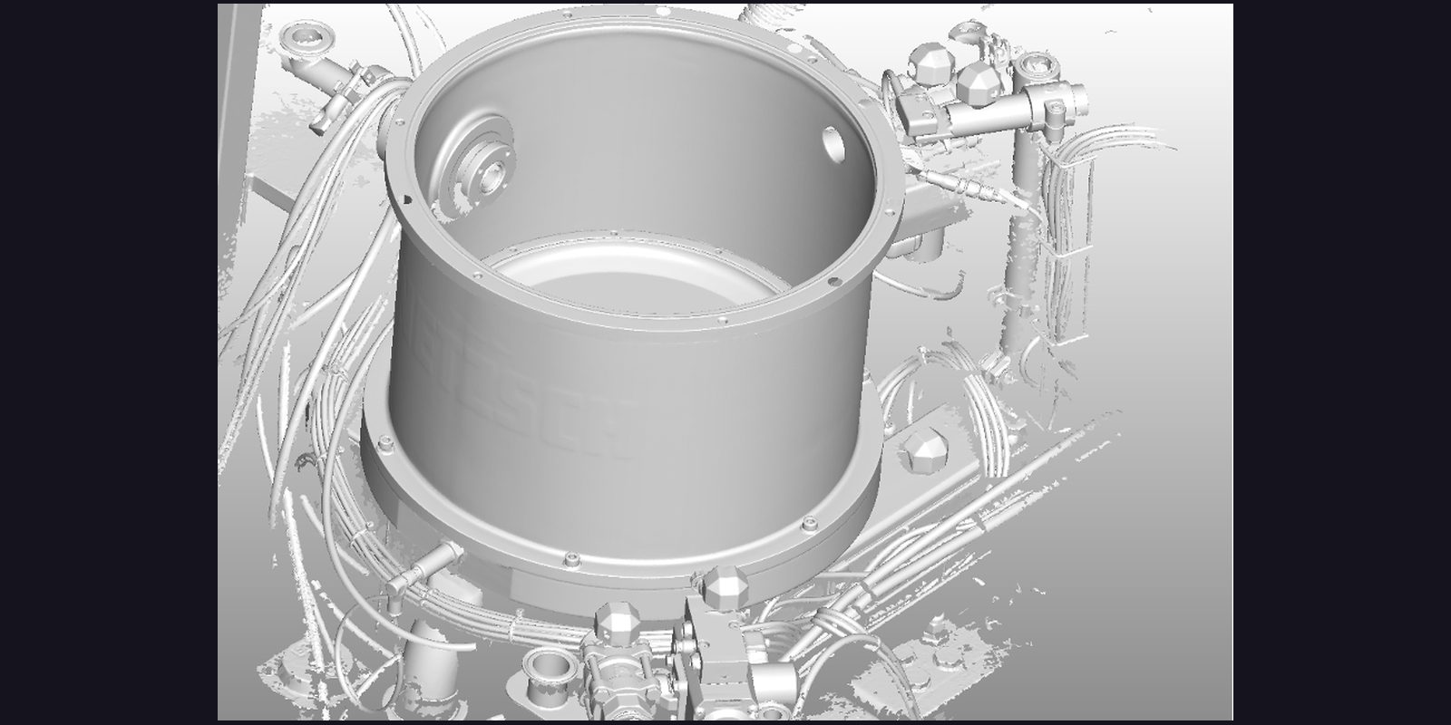3D-Scan einer industriellen Anlage mit Kessel, Verrohrung und Armaturen — Reverse Engineering und Bestandsvermessung von Maschinen vor Ort beim Kunden, EU-weit mobil mit T-SCAN hawk 2