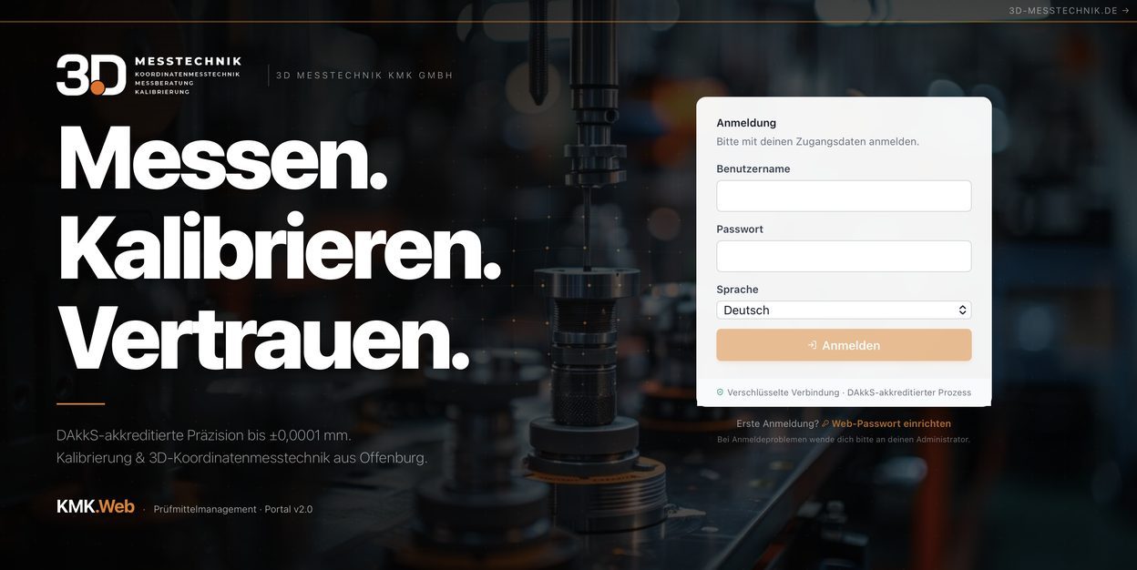 KMK.Web Login – Anmeldung zum Prüfmittelmanagement-Portal (verschlüsselt, DAkkS-akkreditierter Prozess)