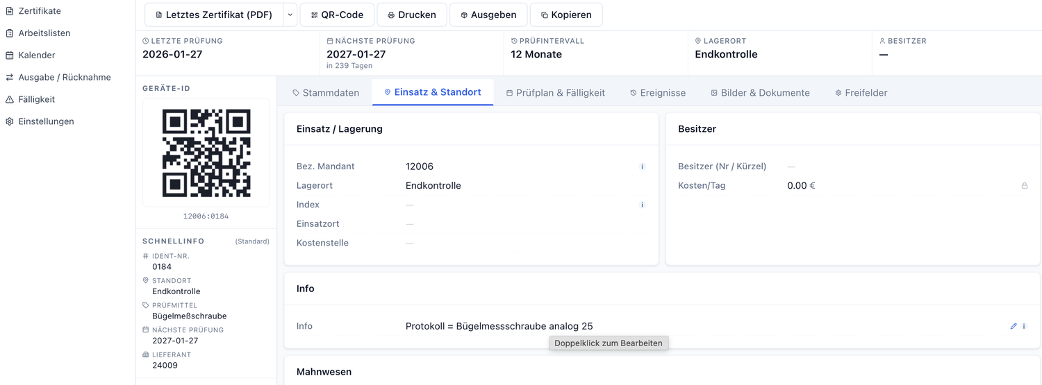 KMK.Web Prüfmittel-Detail mit Zertifikaten, Foto und Historie