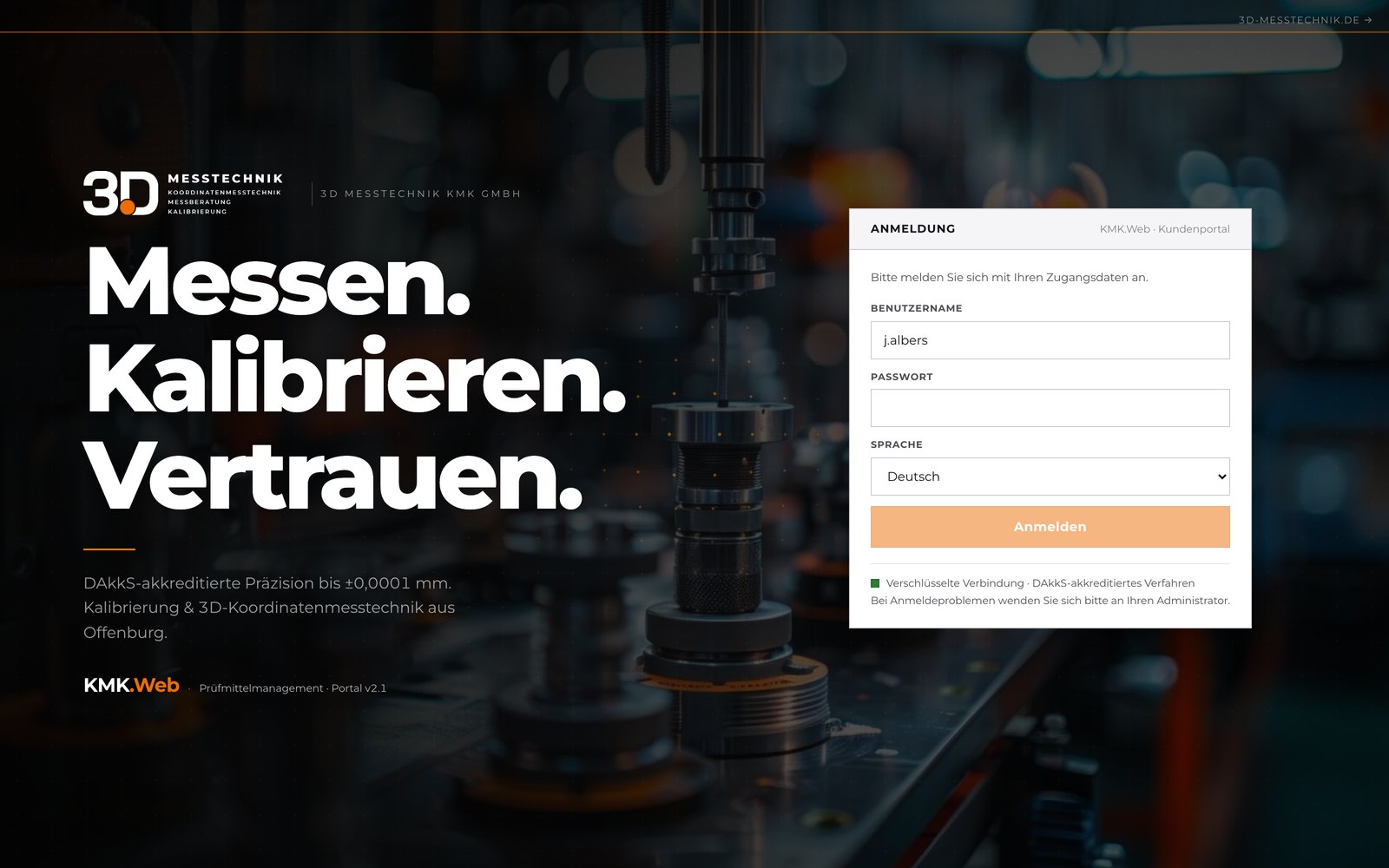KMK.Web Login – Anmeldung zum Prüfmittelmanagement-Portal (verschlüsselt, DAkkS-akkreditierter Prozess)